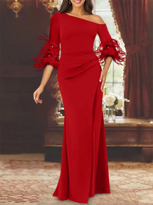 Trumpet Mermaid Mother Of The Bride Feather Dresses With One Shoulder Long Sleeves Chiffon