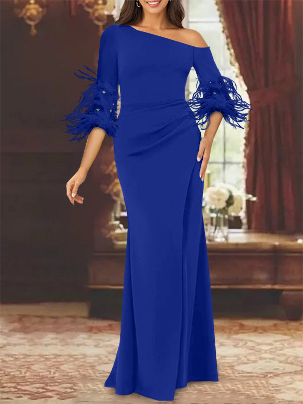Trumpet Mermaid Mother Of The Bride Feather Dresses With One Shoulder Long Sleeves Chiffon
