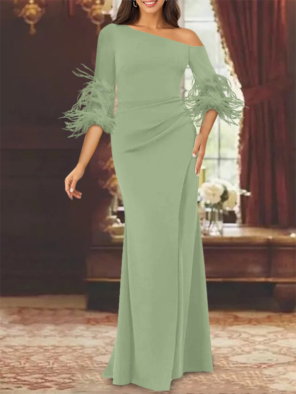 Trumpet Mermaid Mother Of The Bride Feather Dresses With One Shoulder Long Sleeves Chiffon