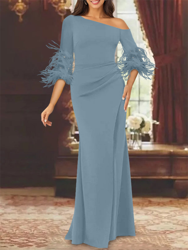 Trumpet Mermaid Mother Of The Bride Feather Dresses With One Shoulder Long Sleeves Chiffon