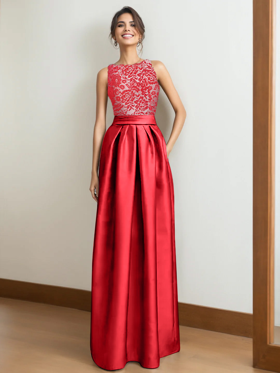 A Line Princess Scoop Sleeveless Pleated Mother Of The Bride Dresses With Appliques Lace
