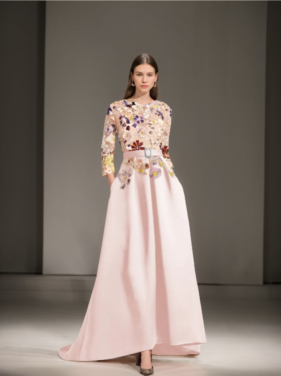 A Line Princess Scoop 3 4 Sleeves Asymmetrical Mother Of The Bride Dresses With Appliques Lace