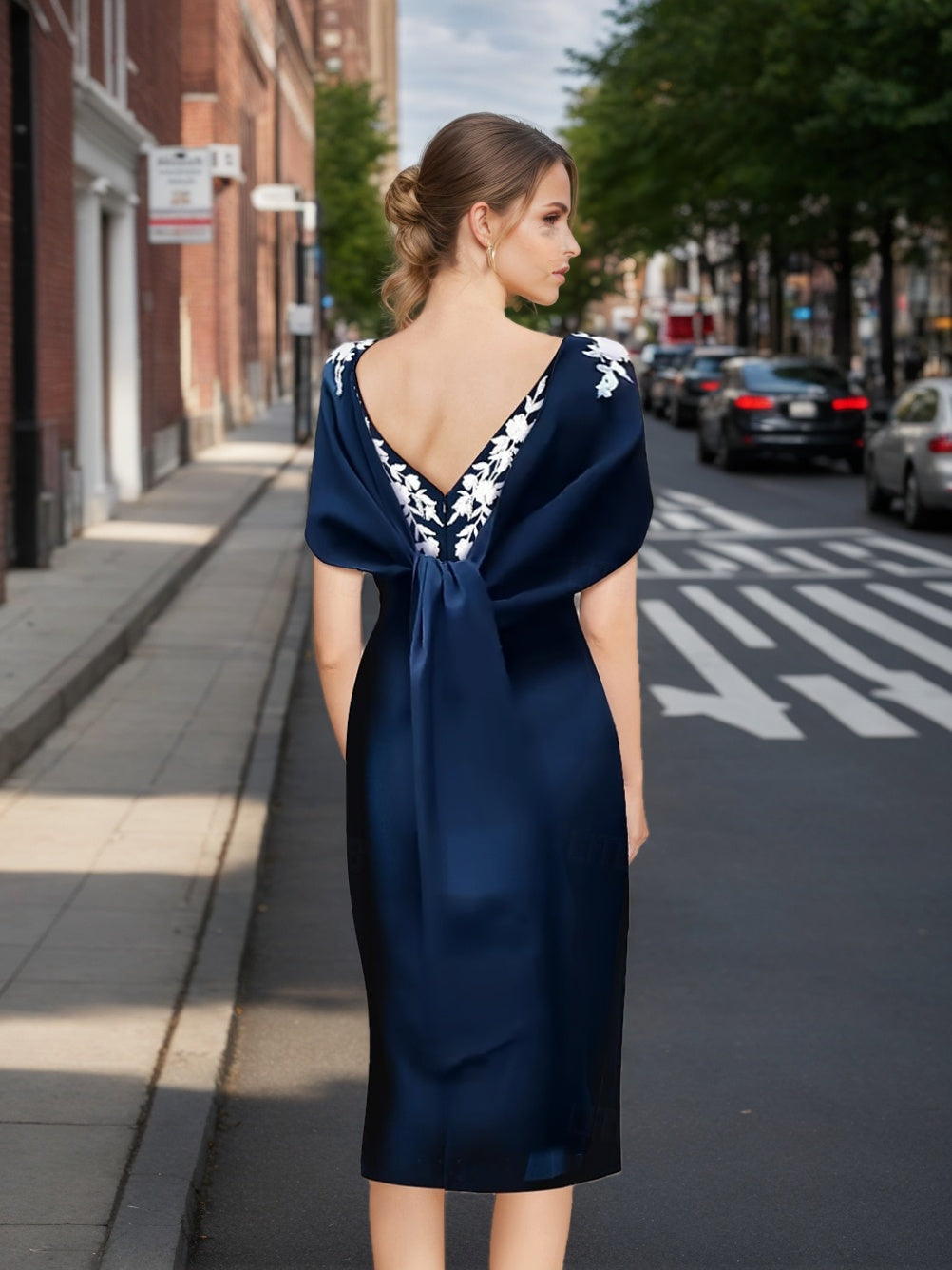 Sheath Column Off The Shoulder Short Sleeves Tea Length Mother Of The Bride Dresses With Appliques Embroidery Bowknot Pearls