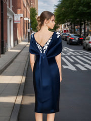Sheath Column Off The Shoulder Short Sleeves Tea Length Mother Of The Bride Dresses With Appliques Embroidery Bowknot Pearls