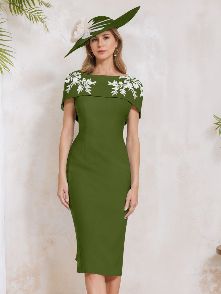 Sheath Column Off The Shoulder Short Sleeves Tea Length Mother Of The Bride Dresses With Appliques Embroidery Bowknot Pearls