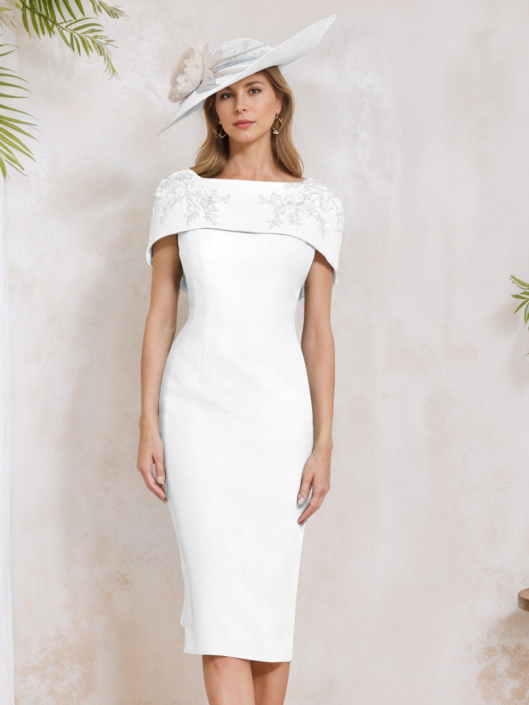 Sheath Column Off The Shoulder Short Sleeves Tea Length Mother Of The Bride Dresses With Appliques Embroidery Bowknot Pearls