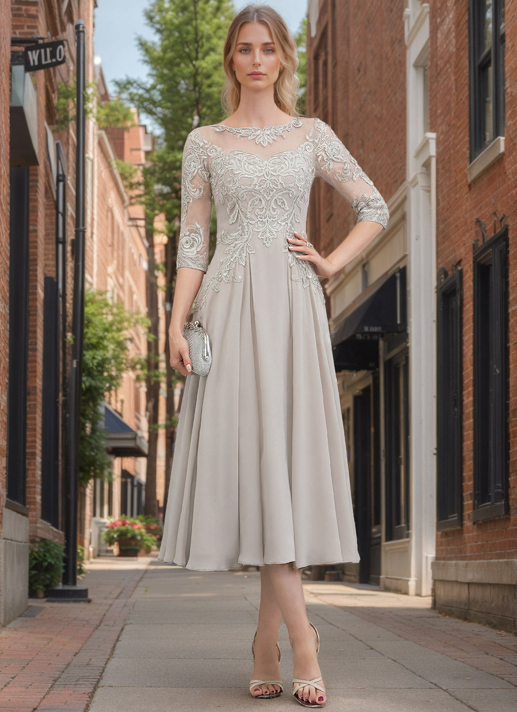 A Line Princess Scoop Neck Half Sleeves Tea Length Mother Of The Bride Dresses With Appliques Lace