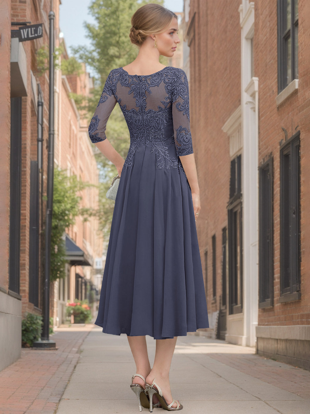 A Line Princess Scoop Neck Half Sleeves Tea Length Mother Of The Bride Dresses With Appliques Lace