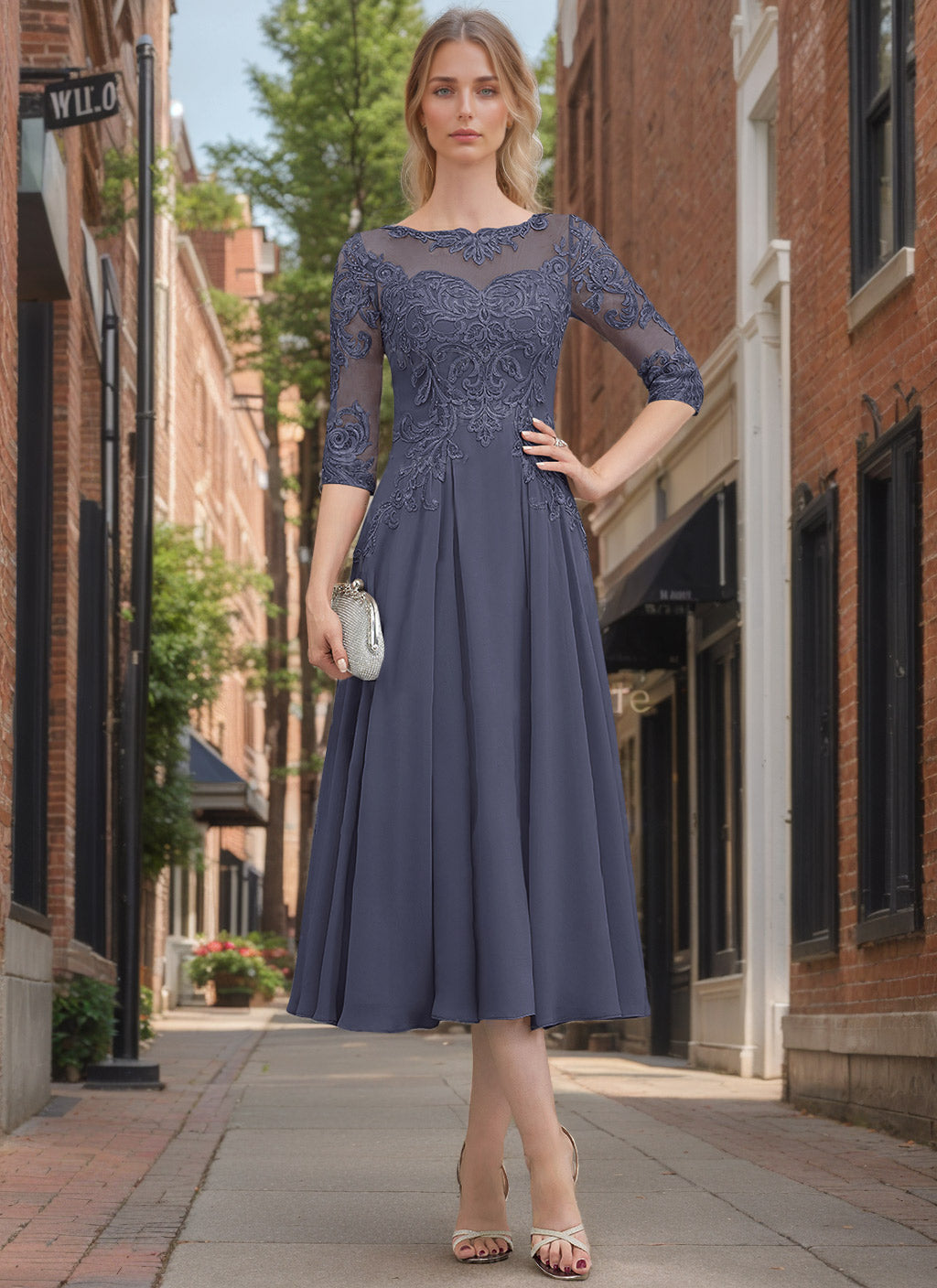A Line Princess Scoop Neck Half Sleeves Tea Length Mother Of The Bride Dresses With Appliques Lace