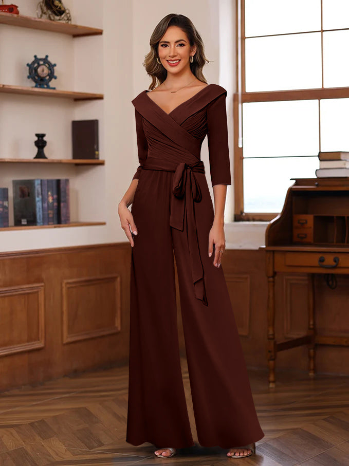Ruched Chiffon V Neck 3 4 Sleeves Mother Of The Jumpsuit