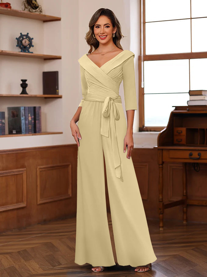 Ruched Chiffon V Neck 3 4 Sleeves Mother Of The Jumpsuit