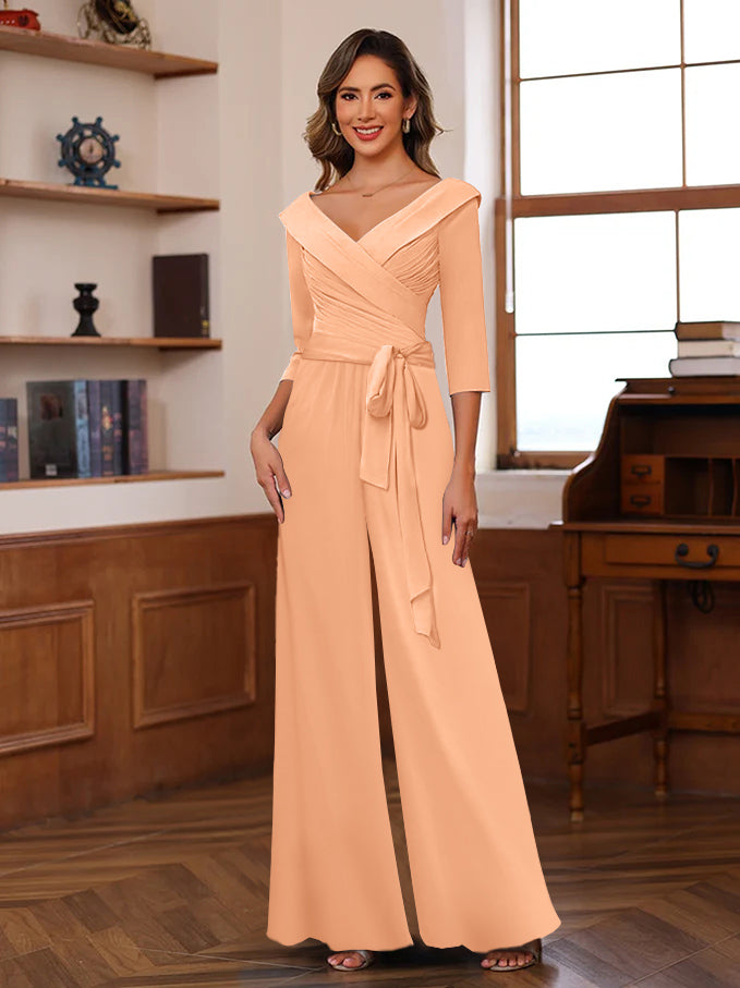 Ruched Chiffon V Neck 3 4 Sleeves Mother Of The Jumpsuit