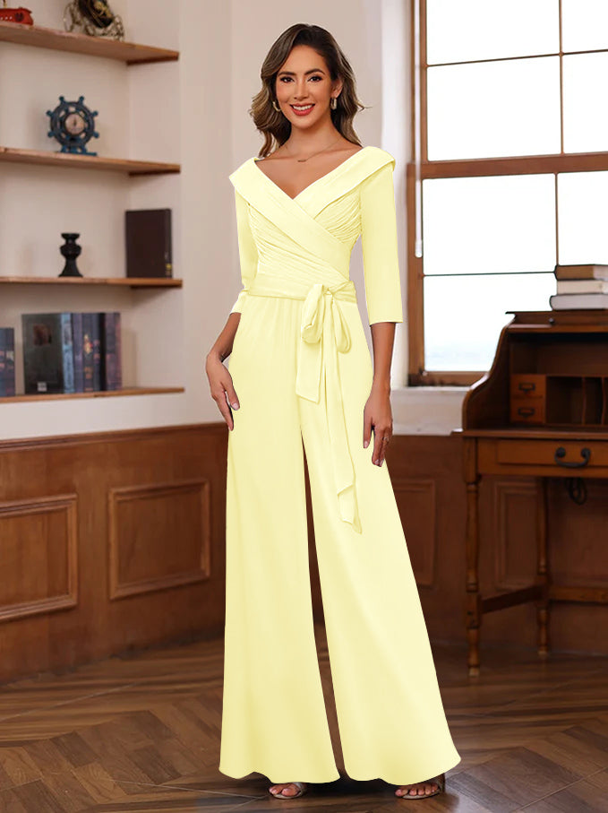 Ruched Chiffon V Neck 3 4 Sleeves Mother Of The Jumpsuit
