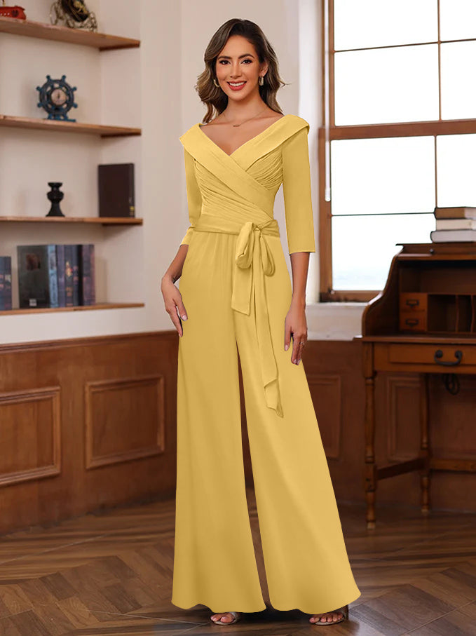 Ruched Chiffon V Neck 3 4 Sleeves Mother Of The Jumpsuit