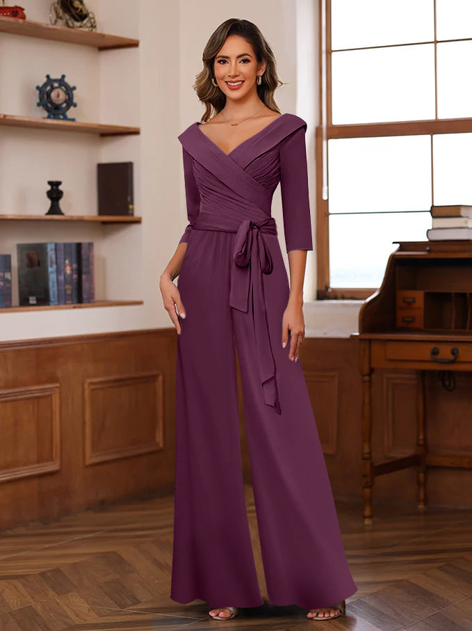 Ruched Chiffon V Neck 3 4 Sleeves Mother Of The Jumpsuit