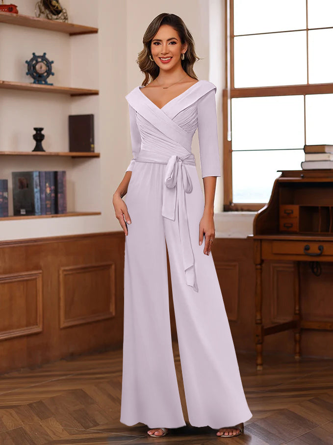 Ruched Chiffon V Neck 3 4 Sleeves Mother Of The Jumpsuit
