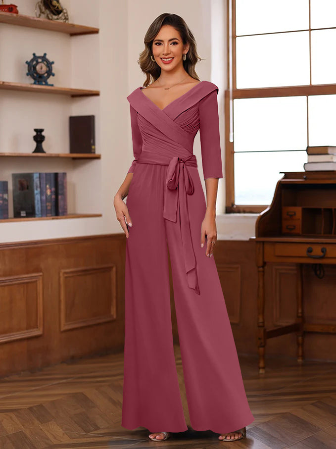 Ruched Chiffon V Neck 3 4 Sleeves Mother Of The Jumpsuit