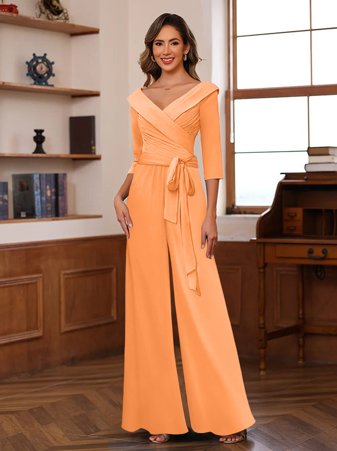 Ruched Chiffon V Neck 3 4 Sleeves Mother Of The Jumpsuit