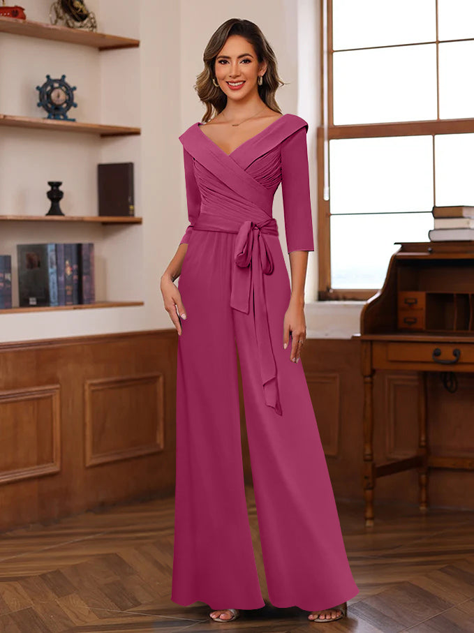 Ruched Chiffon V Neck 3 4 Sleeves Mother Of The Jumpsuit
