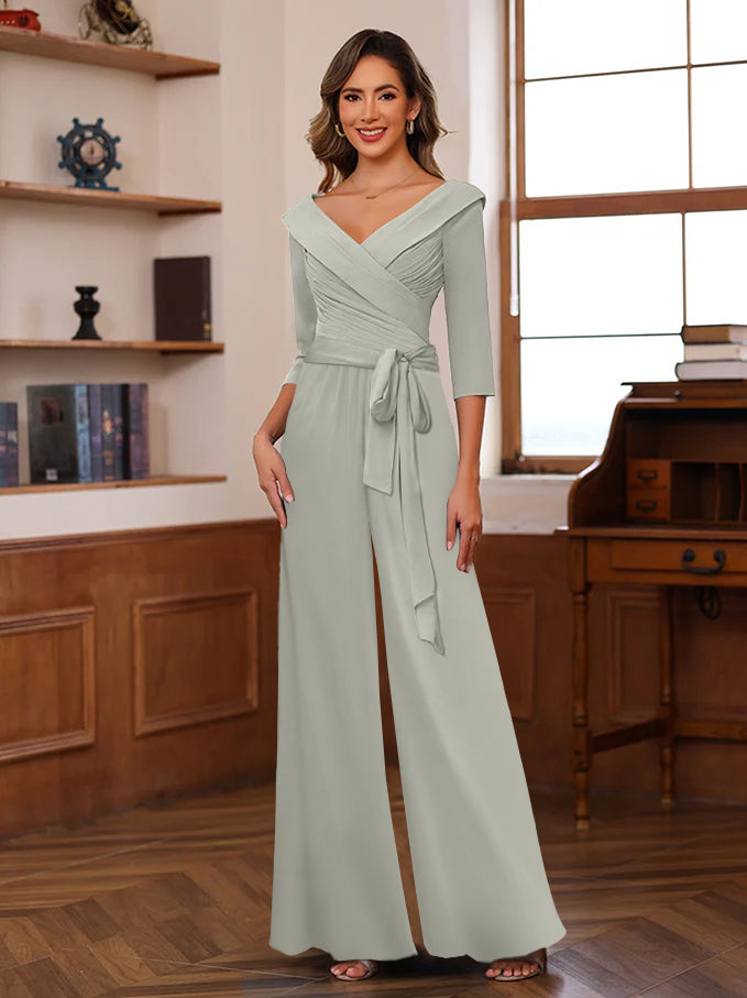 Ruched Chiffon V Neck 3 4 Sleeves Mother Of The Jumpsuit