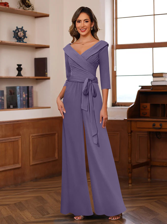 Ruched Chiffon V Neck 3 4 Sleeves Mother Of The Jumpsuit