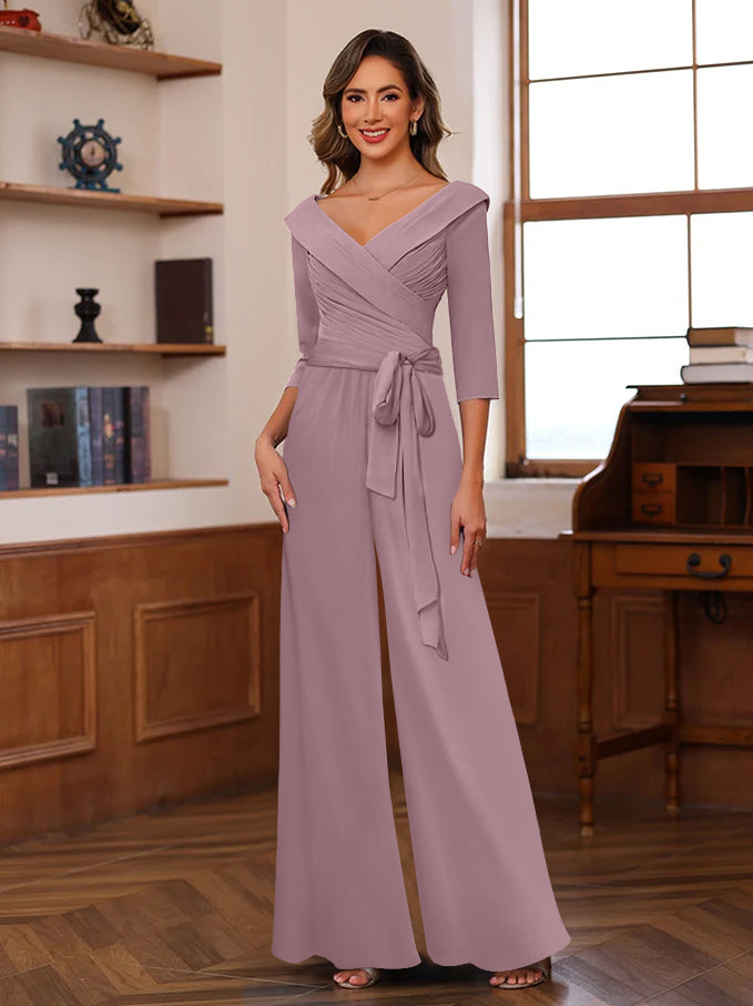 Ruched Chiffon V Neck 3 4 Sleeves Mother Of The Jumpsuit
