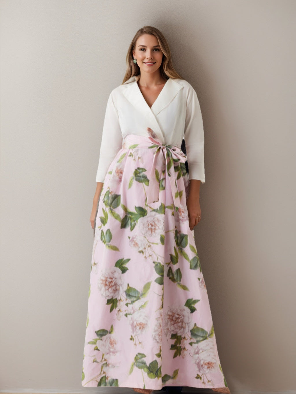 A Line Princess V Neck 3 4 Sleeves Printed Floral Plus Size Mother Of The Bride Dresses With Bow Belt
