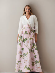 A Line Princess V Neck 3 4 Sleeves Printed Floral Plus Size Mother Of The Bride Dresses With Bow Belt
