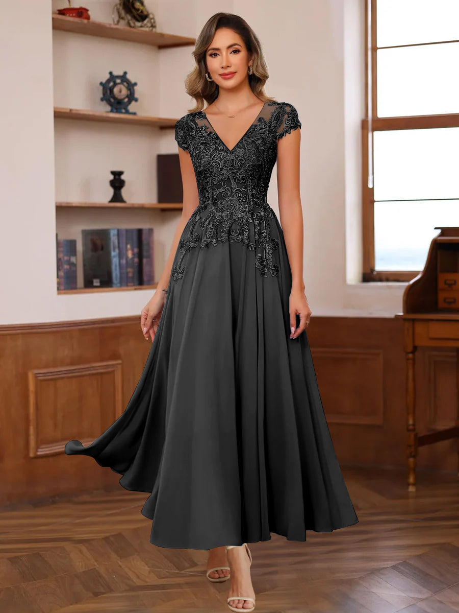 A Line V Neck Short Sleeves Ankle Length Mother Of The Bride Dresses With Lace Appliques