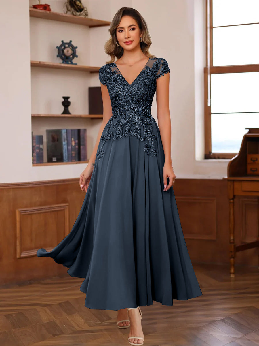 A Line V Neck Short Sleeves Ankle Length Mother Of The Bride Dresses With Lace Appliques