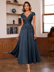 A Line V Neck Short Sleeves Ankle Length Mother Of The Bride Dresses With Lace Appliques