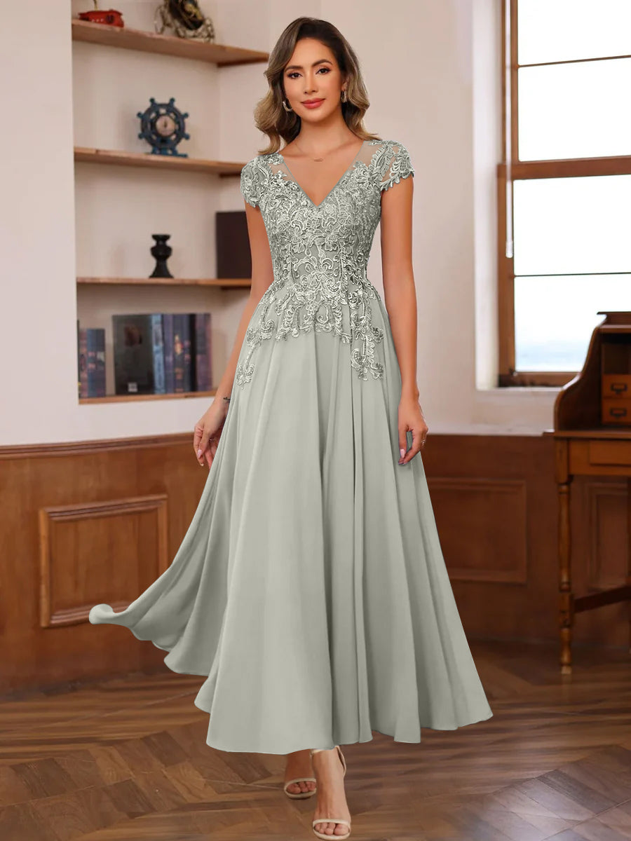 A Line V Neck Short Sleeves Ankle Length Mother Of The Bride Dresses With Lace Appliques