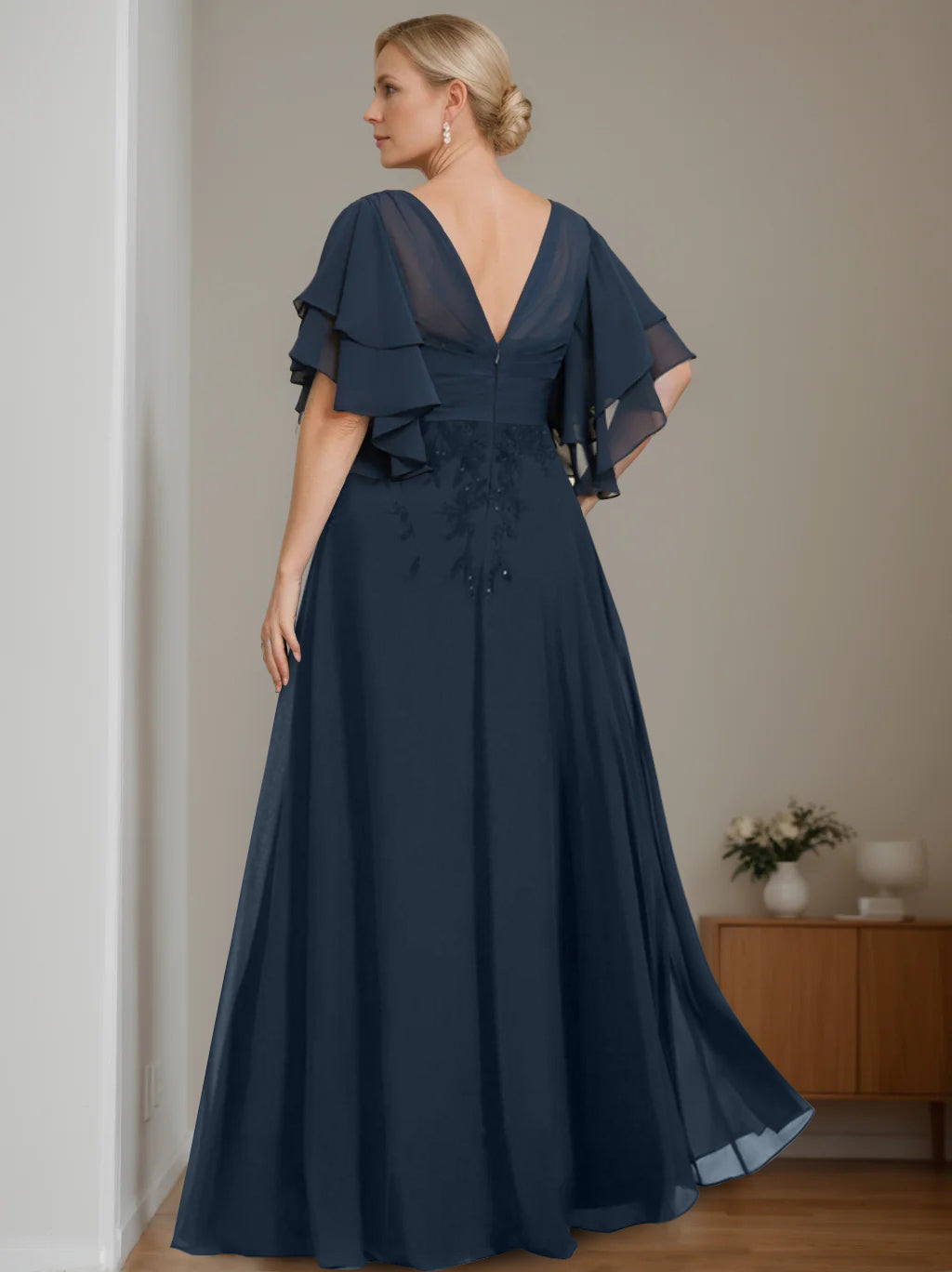 A Line Princess V Neck Half Sleeves Floor Length Unique Plus Size Mother Of The Bride Dresses With Sequins Ruffles