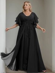 A Line Princess V Neck Half Sleeves Floor Length Unique Plus Size Mother Of The Bride Dresses With Sequins Ruffles