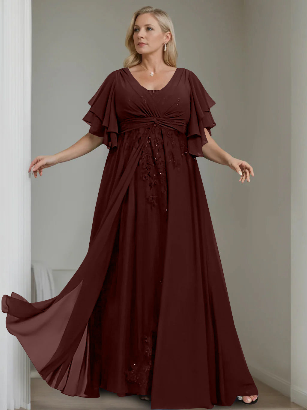 A Line Princess V Neck Half Sleeves Floor Length Unique Plus Size Mother Of The Bride Dresses With Sequins Ruffles