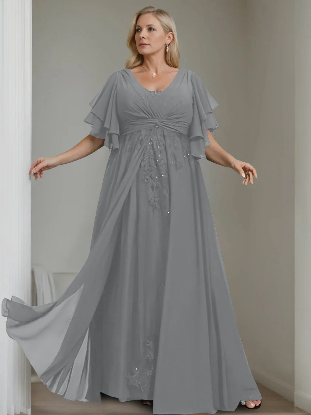 A Line Princess V Neck Half Sleeves Floor Length Unique Plus Size Mother Of The Bride Dresses With Sequins Ruffles