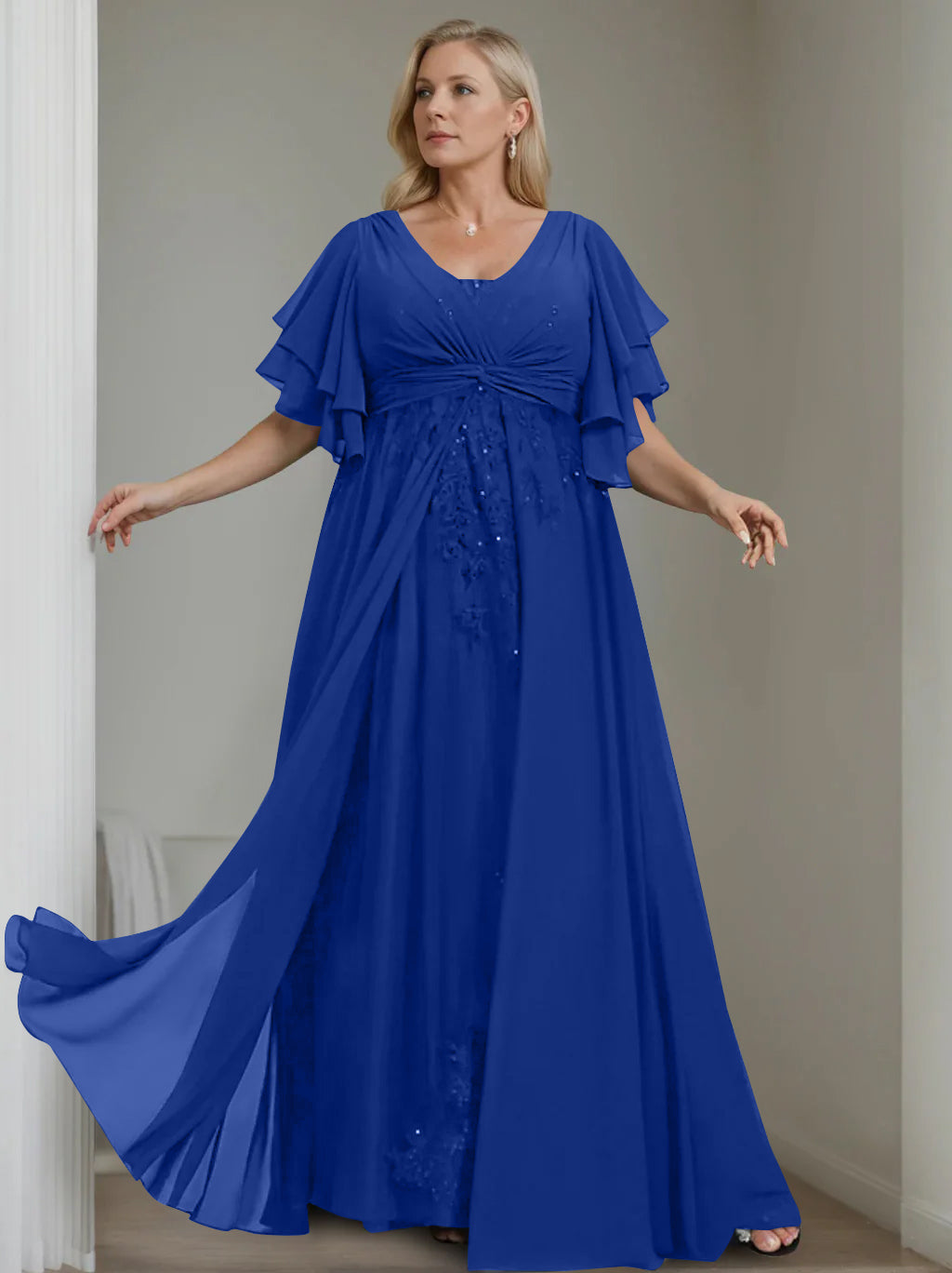 A Line Princess V Neck Half Sleeves Floor Length Unique Plus Size Mother Of The Bride Dresses With Sequins Ruffles