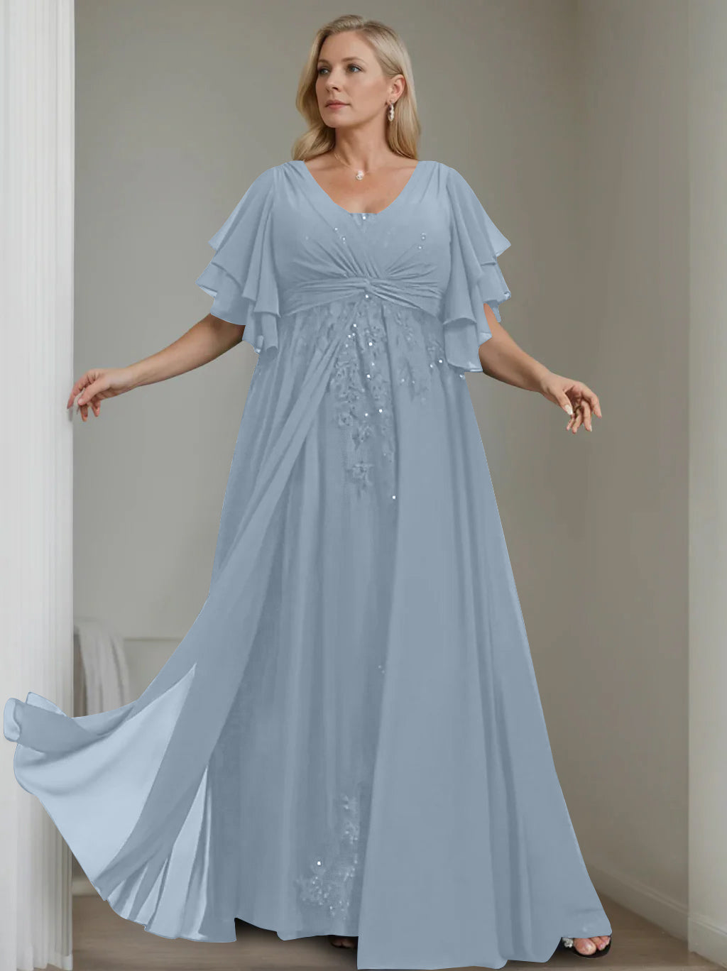 A Line Princess V Neck Half Sleeves Floor Length Unique Plus Size Mother Of The Bride Dresses With Sequins Ruffles