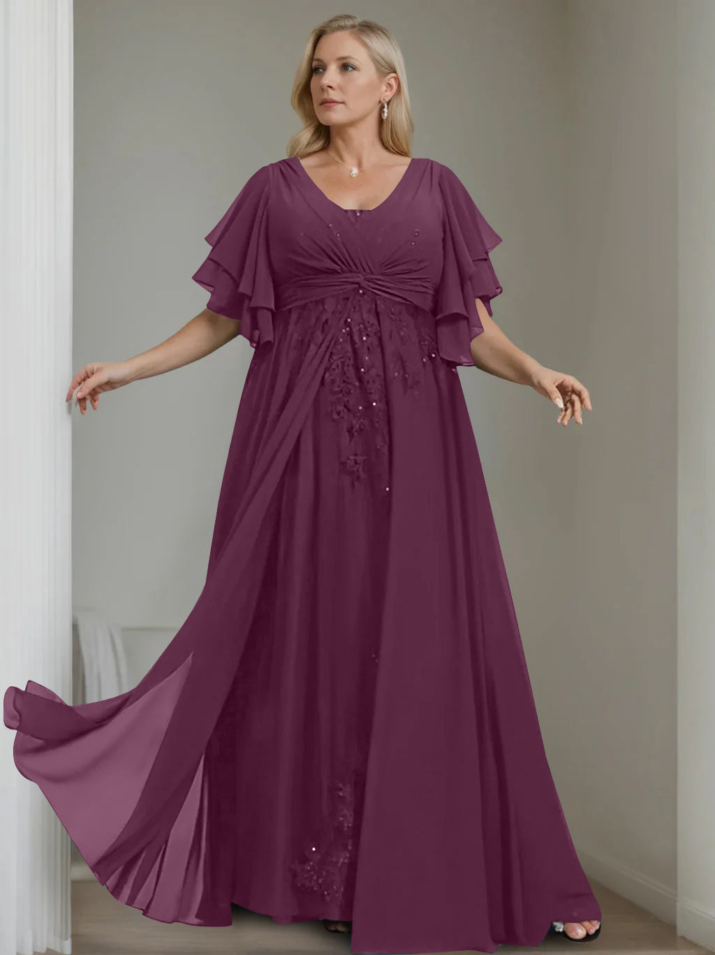 A Line Princess V Neck Half Sleeves Floor Length Unique Plus Size Mother Of The Bride Dresses With Sequins Ruffles