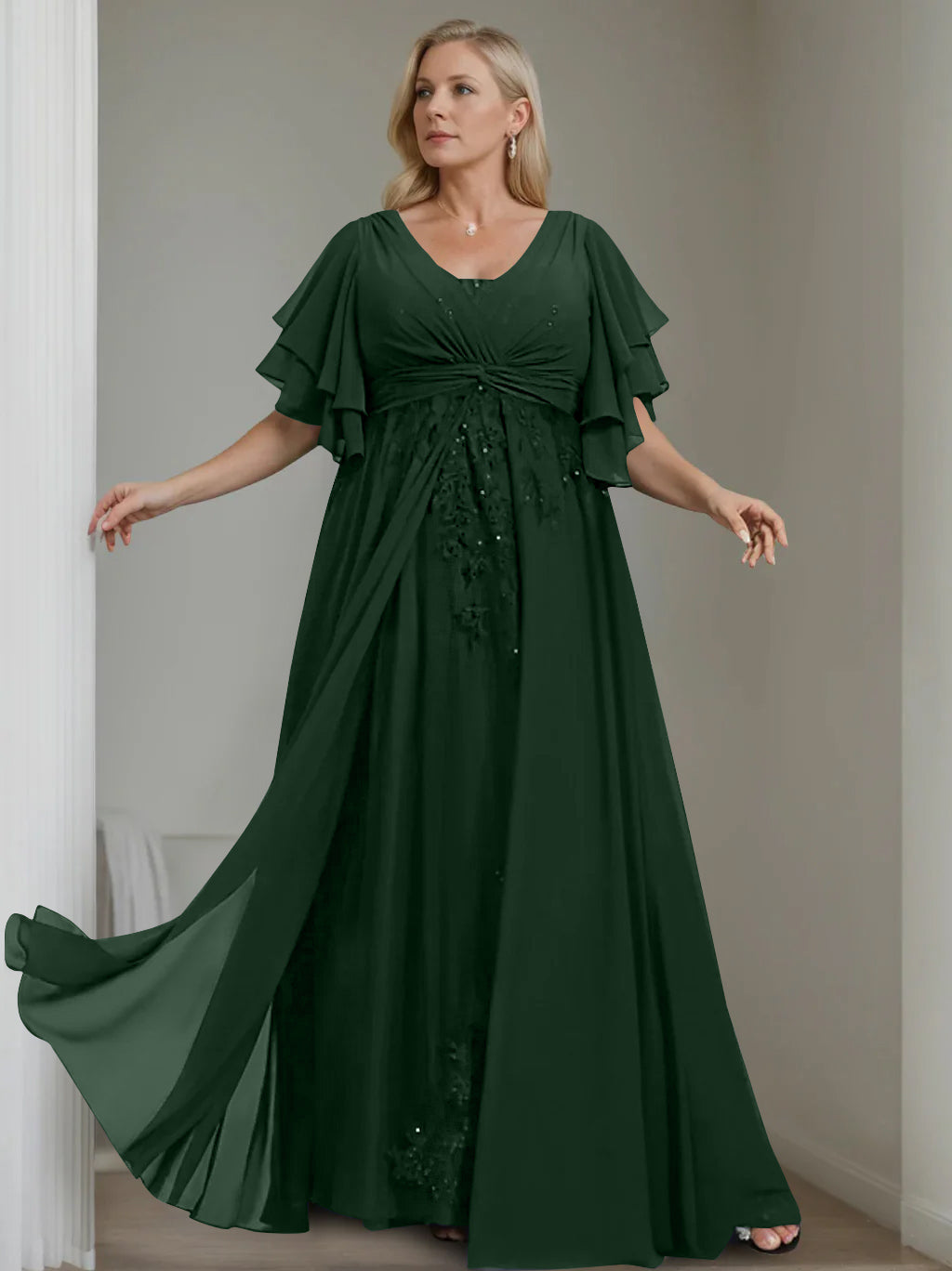 A Line Princess V Neck Half Sleeves Floor Length Unique Plus Size Mother Of The Bride Dresses With Sequins Ruffles