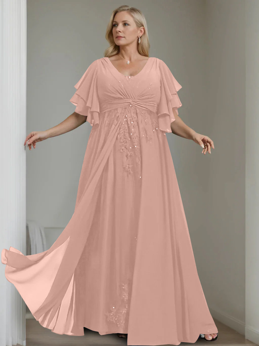 A Line Princess V Neck Half Sleeves Floor Length Unique Plus Size Mother Of The Bride Dresses With Sequins Ruffles