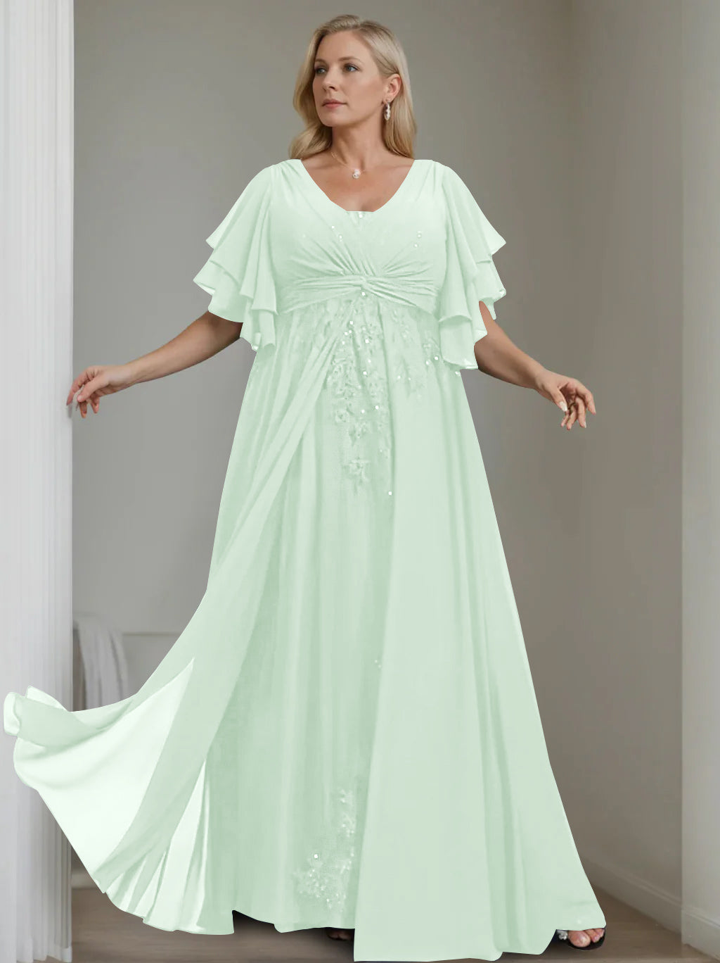 A Line Princess V Neck Half Sleeves Floor Length Unique Plus Size Mother Of The Bride Dresses With Sequins Ruffles