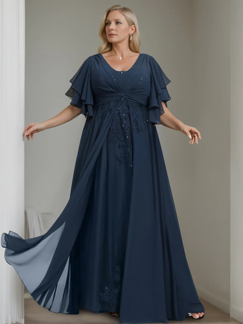 A Line Princess V Neck Half Sleeves Floor Length Unique Plus Size Mother Of The Bride Dresses With Sequins Ruffles
