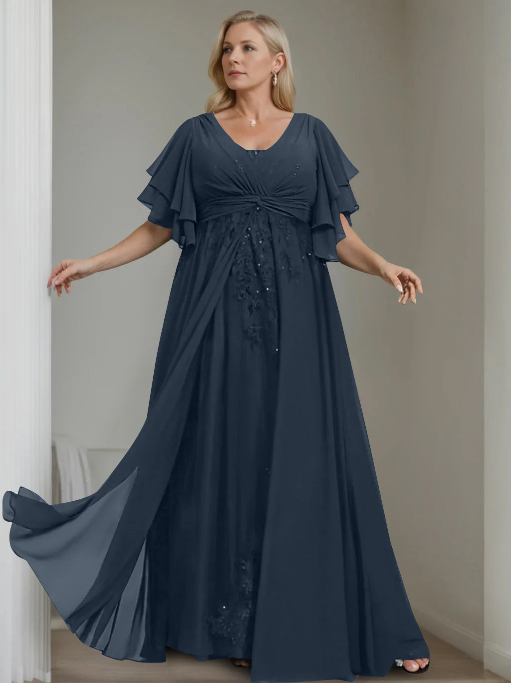 A Line Princess V Neck Half Sleeves Floor Length Unique Plus Size Mother Of The Bride Dresses With Sequins Ruffles