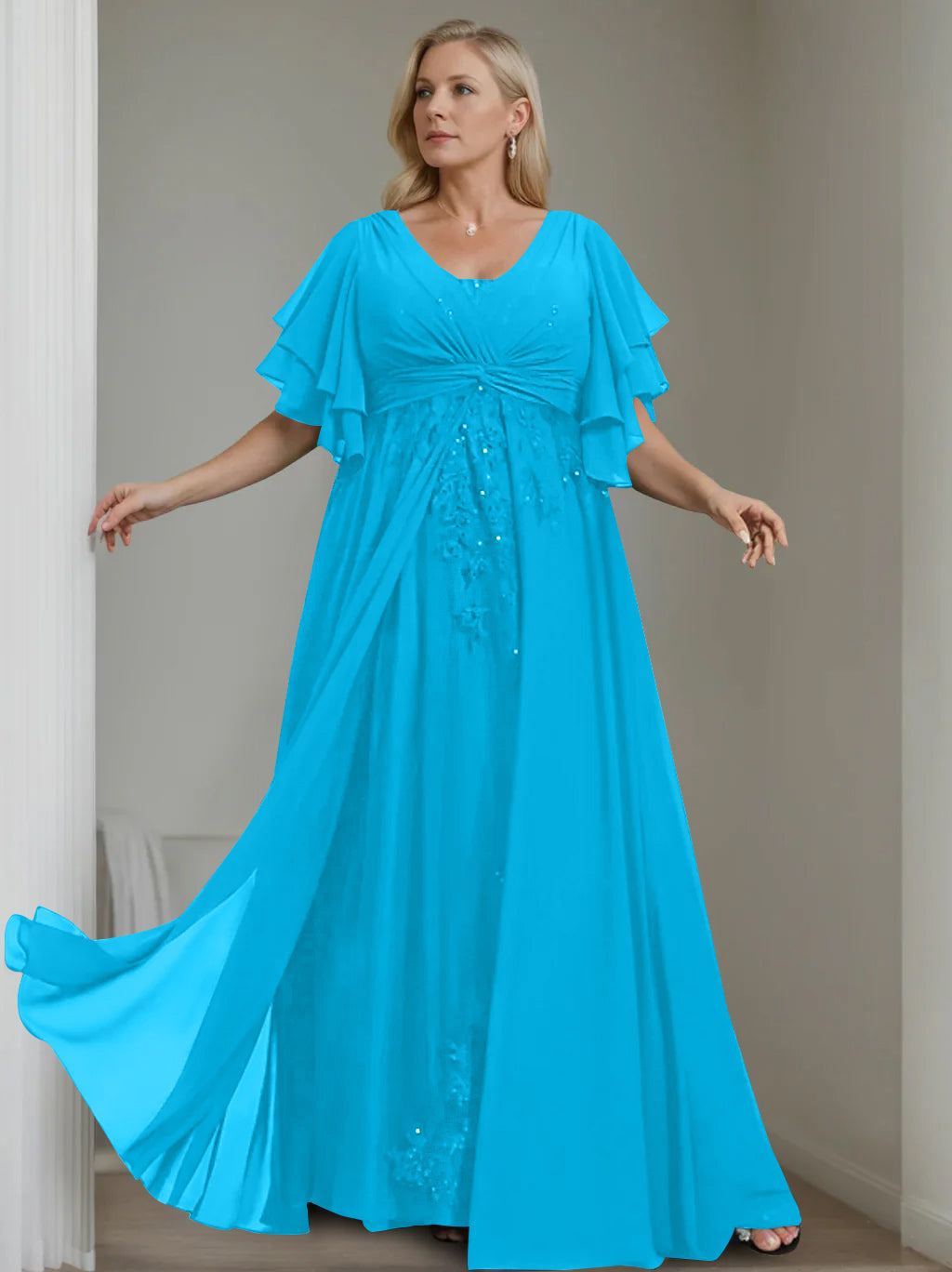 A Line Princess V Neck Half Sleeves Floor Length Unique Plus Size Mother Of The Bride Dresses With Sequins Ruffles