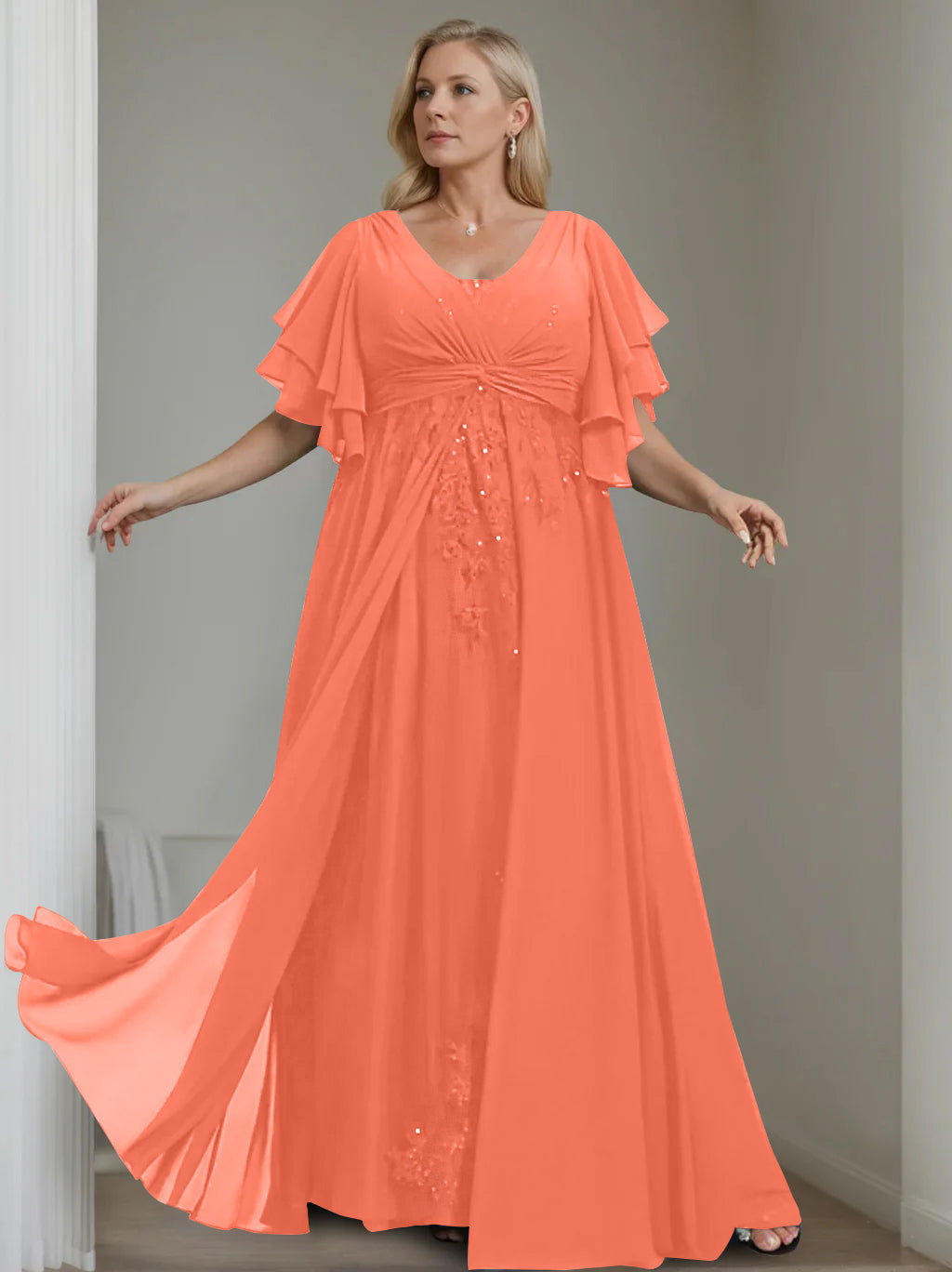 A Line Princess V Neck Half Sleeves Floor Length Unique Plus Size Mother Of The Bride Dresses With Sequins Ruffles