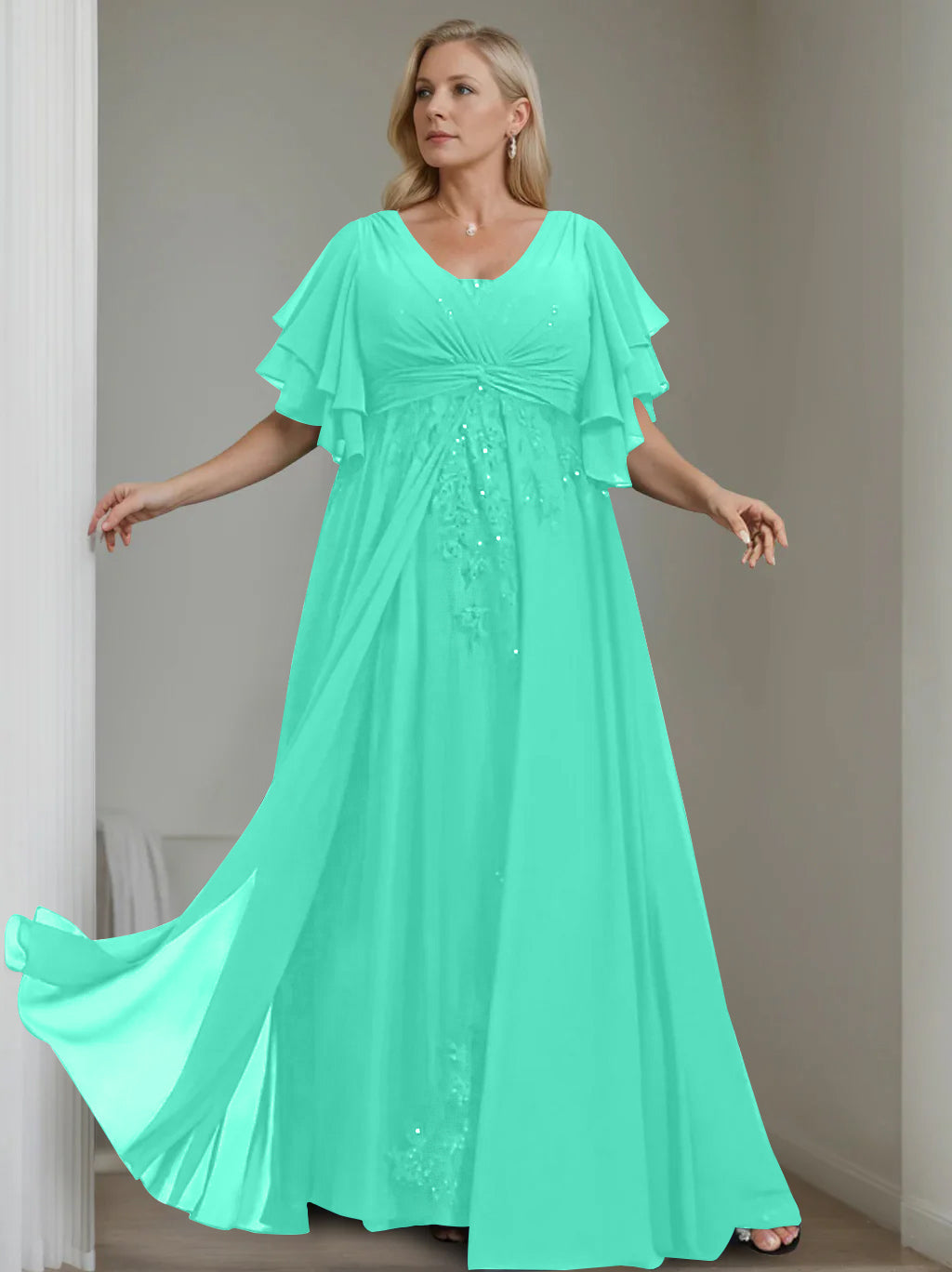 A Line Princess V Neck Half Sleeves Floor Length Unique Plus Size Mother Of The Bride Dresses With Sequins Ruffles