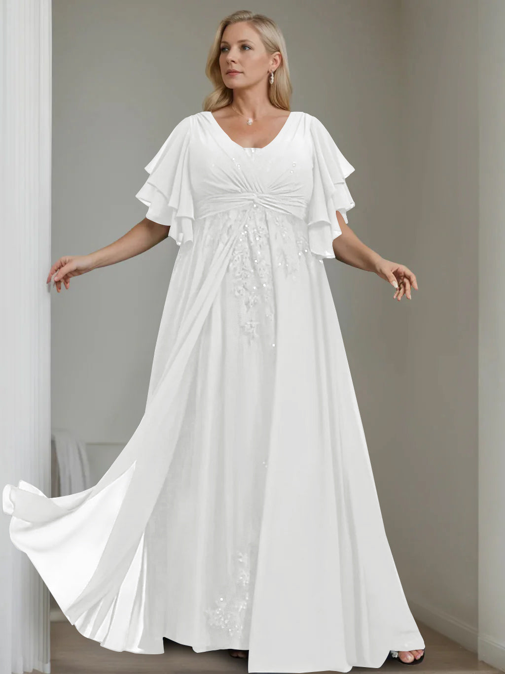 A Line Princess V Neck Half Sleeves Floor Length Unique Plus Size Mother Of The Bride Dresses With Sequins Ruffles