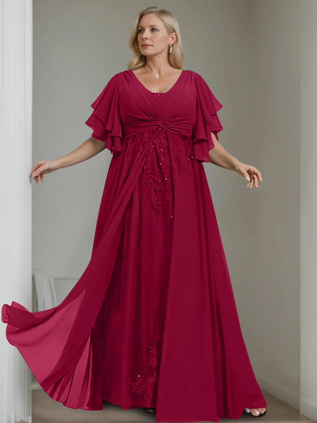 A Line Princess V Neck Half Sleeves Floor Length Unique Plus Size Mother Of The Bride Dresses With Sequins Ruffles