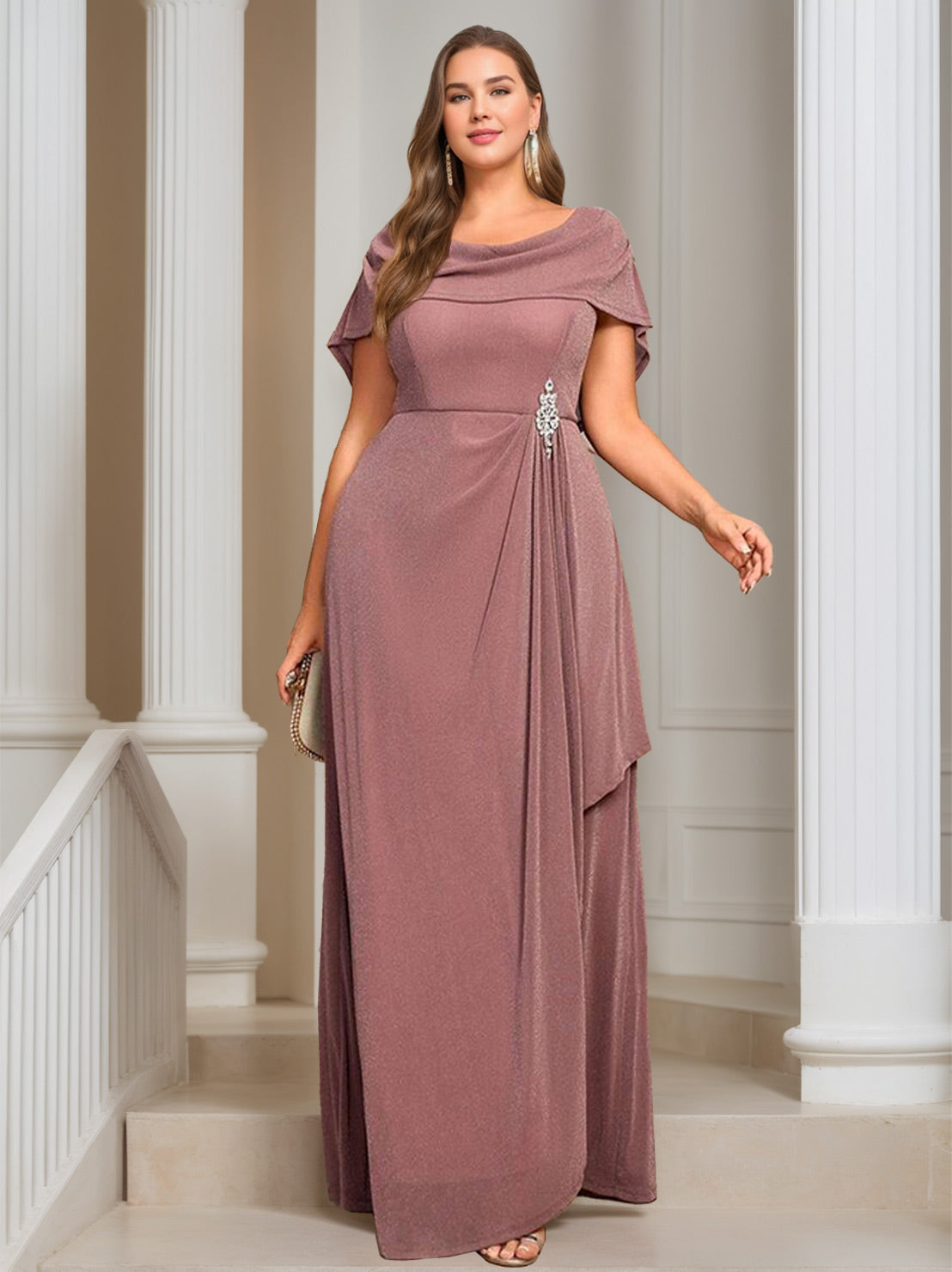 A Line Princess Scoop Neck Short Sleeves Floor Length Plus Size Mother Of The Bride Dresses With Ruffles Sequins